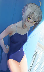 Rule 34 | 1girl, ahoge, arms behind back, artoria pendragon (fate), bare arms, bare shoulders, black-framed eyewear, blonde hair, blue one-piece swimsuit, blush, braid, breasts, collarbone, commentary request, competition school swimsuit, covered navel, cowboy shot, dutch angle, fate/grand order, fate (series), glasses, highres, looking at viewer, medium breasts, mysterious heroine x alter (fate), nonderi, one-piece swimsuit, outdoors, parted lips, poolside, scarf, school swimsuit, semi-rimless eyewear, short hair, sidelocks, small breasts, solo, swimsuit, tile floor, tiles, towel, under-rim eyewear, wet, wet clothes, wet hair, yellow eyes