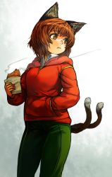 Rule 34 | 1girl, :t, alternate costume, animal ears, breasts, brown eyes, brown hair, cat ears, cat girl, cat tail, chen, contemporary, eating, female focus, food, hand in pocket, hood, hoodie, jacket, large breasts, multiple tails, nekomata, no headwear, no headwear, pants, sachito, short hair, solo, steam, sweatpants, tail, taiyaki, touhou, wagashi