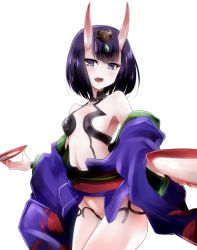 Rule 34 | 1girl, :d, bad id, bad pixiv id, bare shoulders, blush, breasts, cowboy shot, cup, fate/grand order, fate (series), hair ornament, hijiri-tukasa, horns, japanese clothes, kimono, looking at viewer, midriff, navel, oni, open mouth, purple eyes, purple hair, revealing clothes, sakazuki, short hair, shuten douji (fate), small breasts, smile, solo