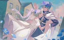 1boy 1girl absurdres blue_eyes blue_hair cape cloud dancing dress earrings elf flower frieren green_hair hair_flower hair_ornament hetero highres himmel_(sousou_no_frieren) holding_hands jewelry long_hair long_sleeves looking_at_another open_mouth outdoors pointy_ears purple_flower short_hair short_sleeves sky smile sousou_no_frieren twintails white_cape white_dress white_footwear white_hair xuya2333