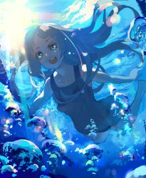Rule 34 | 1girl, bad id, bad pixiv id, blue eyes, blue hair, breasts, bubble, kacchuu, matching hair/eyes, nipples, one-piece swimsuit, open mouth, original, school swimsuit, solo, swimming, swimsuit, underwater