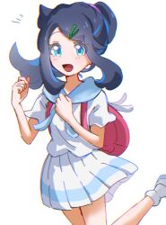 Rule 34 | 1girl, arms up, backpack, bag, black hair, blue eyes, blue hair, colored inner hair, cosplay, creatures (company), game freak, hair ornament, hairclip, hood, hoodie, liko (pokemon), lillie (pokemon), lillie (pokemon) (cosplay), looking at viewer, multicolored hair, nintendo, open mouth, pleated skirt, pokemon, pokemon (anime), pokemon horizons, pokemon sm, ponytail, seiun (hoshigumo 72), sidelocks, skirt, solo, two-tone hair, white background, white hoodie