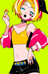 Rule 34 | 1girl, :o, absurdres, aqua eyes, bandaid, bandaid on cheek, bandaid on face, bandaid on forehead, bare shoulders, belt, belt buckle, black bow, black shorts, blonde hair, bow, bracelet, buckle, cel shading, choker, collarbone, contrapposto, crop top, flat chest, green background, hair ornament, hairclip, half-closed eyes, hand on own hip, head tilt, heart, highres, iroha (hourai 24), jacket, jewelry, kagamine rin, looking at viewer, midriff, nail polish, navel, number tattoo, open clothes, open jacket, open mouth, red jacket, ring, shirt, short hair, shorts, shoulder tattoo, skinny, snapping fingers, solo, standing, tattoo, vocaloid, wrist chain, yellow nails, yellow shirt