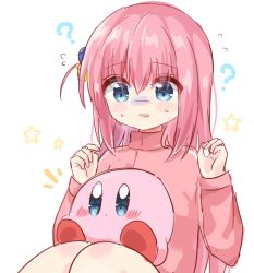 Rule 34 | 1girl, ?, blue eyes, bocchi the rock!, crossover, cube hair ornament, gotoh hitori, hair ornament, highres, jacket, kirby, kirby (series), long sleeves, mike mochi, nintendo, pink hair, pink jacket, sitting, sitting on person, sketch, star (symbol), track jacket, white background