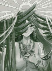 Rule 34 | 1girl, arm at side, armlet, black hair, blurry, bracelet, breasts, depth of field, detached sleeves, earrings, facial mark, greyscale, hand on own chest, highres, jewelry, jinguuji (jinguji443), light rays, long hair, looking at viewer, markings, medium breasts, monochrome, neck, necklace, nipples, one eye covered, reiuji utsuho, ribbon, ring, smile, solo, sun, sunlight, third eye, touhou, upper body, wings