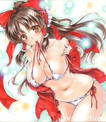 Rule 34 | 1girl, artist name, at classics, bare shoulders, blush, bow, breasts, brown eyes, brown hair, closed mouth, collarbone, covered erect nipples, cowboy shot, hair bow, hair tubes, hakurei reimu, hood, hoodie, large breasts, leaning forward, long hair, long sleeves, looking at viewer, mouth hold, navel, panties, red bow, ribbon-trimmed underwear, ribbon trim, sample watermark, side-tie panties, sidelocks, smile, solo, stomach, touhou, traditional media, underwear, watermark, zipper