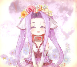 Rule 34 | 1girl, :d, ^ ^, bare shoulders, belt, belt buckle, belt collar, blue flower, blush, buckle, closed eyes, collar, commentary request, dress, elbow gloves, facing viewer, fate/grand order, fate (series), flower, gloves, hair flower, hair ornament, long hair, medusa (fate), medusa (lancer) (fate), medusa (lancer) (final ascension) (fate), medusa (rider) (fate), official alternate costume, open mouth, parted bangs, purple dress, purple hair, red belt, red collar, red flower, red rose, rider, rose, sidelocks, smile, solo, takanashi hiyori, twintails, v arms, very long hair, white gloves, yellow flower