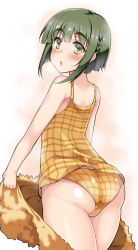 Rule 34 | 10s, 1girl, :o, ass, bare shoulders, blush, braid, camisole, commentary request, eyebrows, green eyes, green hair, kantai collection, kusano (torisukerabasu), looking at viewer, looking back, matching hair/eyes, panties, short hair, sleeveless, solo, takanami (kancolle), towel, underwear