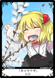 Rule 34 | 1girl, blonde hair, branch, card, card (medium), eating, embodiment of scarlet devil, closed eyes, fang, female focus, hair ornament, heart, loggy, open mouth, rumia, short hair, solo, touhou