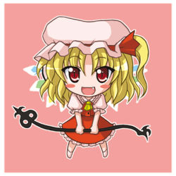Rule 34 | 1girl, ascot, blonde hair, blush, blush stickers, bococho, chibi, fang, female focus, flandre scarlet, full body, hat, lowres, mob cap, outline, pink background, red eyes, simple background, solo, standing, touhou, wings, yellow ascot