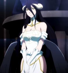 Rule 34 | 1girl, albedo (overlord), bare shoulders, black hair, breasts, cleavage, demon, demon girl, dress, female focus, gloves, highres, hip vent, horns, large breasts, long hair, looking at viewer, overlord (maruyama), purple hair, screencap, solo, stitched, demon girl, third-party edit, wings, yellow eyes