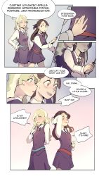 Rule 34 | 2girls, absurdres, aqua eyes, blonde hair, blush, brown eyes, brown hair, collared shirt, comic, commentary, diana cavendish, english commentary, english text, hand on another&#039;s back, highres, holding, holding wand, kagari atsuko, little witch academia, long hair, long sleeves, luna nova school uniform, multiple girls, necktie, open mouth, school uniform, shirt, short ponytail, teires (teir3s), wand, yuri