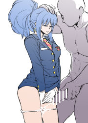 Rule 34 | 1boy, 1girl, absurdres, bar censor, blue hair, censored, clothed female nude male, cum, cum on panties, cyrano (aazzss3), faceless, faceless male, formal, hand on another&#039;s head, hetero, highres, leona heidern, nude, panties, penis, ponytail, suit, the king of fighters, underwear