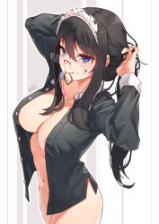 Rule 34 | 1girl, black shirt, blue eyes, breasts, cleavage, collared shirt, glasses, hair between eyes, hair tie, highres, jjune, large breasts, long hair, maid, maid headdress, navel, open clothes, open shirt, original, paid reward available, ponytail, shirt, sidelocks, solo, thighs, tying hair