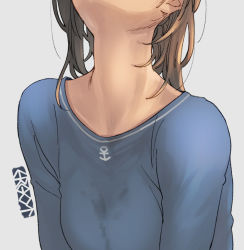 Rule 34 | 1girl, alternate costume, alternate hairstyle, anchor symbol, blue shirt, brown hair, commentary request, ergot, fubuki (kancolle), hair down, head out of frame, kantai collection, neck, sexually suggestive, shirt, signature, solo, stained clothes, upper body