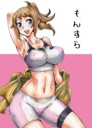 Rule 34 | 10s, 1girl, :d, arm behind head, armpits, bare shoulders, bike shorts, blue eyes, breasts, brown hair, cleavage, female focus, gundam, gundam build fighters, gundam build fighters try, hoshino fumina, kikuta, large breasts, marker (medium), midriff, millipen (medium), navel, open mouth, ponytail, scrunchie, simple background, smile, solo, sports bra, traditional media, translation request, two-tone sports bra