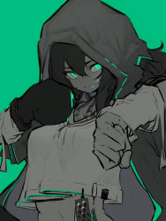 Rule 34 | 1girl, absurdres, arknights, boxing gloves, commentary, crop top, crop top overhang, flint (arknights), gloves, green background, green eyes, greyscale, greyscale with colored background, hair between eyes, highres, hood, hood up, long hair, looking at viewer, monochrome, punching, single glove, solo, spot color, tab head, tattoo, upper body