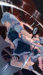 Rule 34 | 1girl, absurdres, apron, back bow, black dress, black footwear, bow, braid, collared shirt, dated commentary, dress, foot out of frame, frilled dress, frills, from side, gears, green ribbon, grey eyes, grey hair, highres, holding, holding knife, izayoi sakuya, knife, maid headdress, medium hair, mo yu de jiaozi, neck ribbon, parted lips, pocket watch, profile, puffy short sleeves, puffy sleeves, ribbon, shirt, shoes, short sleeves, socks, solo, touhou, twin braids, waist apron, watch, white apron, white bow, white shirt, white socks