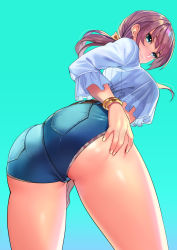 Rule 34 | 1girl, absurdres, ass, blue background, blue eyes, blue shorts, blush, bracelet, breasts, closed mouth, crop top, crop top overhang, denim, denim shorts, highres, jewelry, kagematsuri, large breasts, light brown hair, long hair, long sleeves, looking at viewer, looking back, original, pantylines, ponytail, shirt, short shorts, shorts, simple background, smile, solo, thighs, white shirt