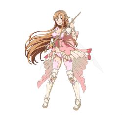 Rule 34 | 1girl, :d, armor, armored boots, asuna (sao), boots, breasts, brown eyes, brown hair, choker, cleavage, floating hair, full body, hair ribbon, holding, holding sword, holding weapon, knee boots, looking at viewer, medium breasts, midriff, navel, open mouth, panties, pink hair, pink panties, purple eyes, red ribbon, ribbon, ribbon choker, shoulder armor, smile, solo, pauldrons, standing, stomach, sword, sword art online, thighhighs, transparent background, transparent wings, underwear, weapon, white footwear, white ribbon
