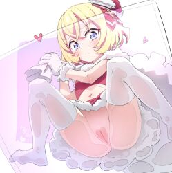 Rule 34 | 1girl, ass, blonde hair, blue eyes, blush, breasts, christmas, cleft of venus, closed mouth, hat, jashin-chan dropkick, lierre, looking at viewer, midriff, navel, no panties, pussy, red skirt, santa costume, santa hat, short hair, skirt, small breasts, solo, thighhighs, white thighhighs
