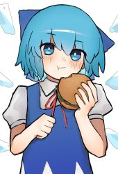 Rule 34 | 1girl, bad id, bad twitter id, blue dress, blue eyes, blue hair, burger, cirno, collared shirt, commentary, dress, eating, english commentary, food, highres, holding, holding food, ice, ice wings, kpe934k0s282b2, looking at viewer, puffy short sleeves, puffy sleeves, shirt, short hair, short sleeves, simple background, solo, touhou, upper body, white background, white shirt, wings