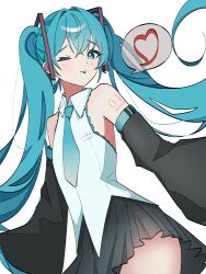Rule 34 | 1girl, absurdres, blue eyes, blue hair, blush, coco irasuto, collared shirt, cowboy shot, detached sleeves, ear piercing, hair ornament, hatsune miku, heart, highres, long hair, long sleeves, looking at viewer, necktie, one eye closed, piercing, shirt, skirt, sleeveless, sleeveless shirt, smile, solo, spoken heart, tongue, tongue out, transparent background, twintails, very long hair, vocaloid