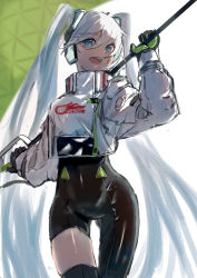 Rule 34 | 1girl, :d, absurdres, banner, black bodysuit, black gloves, black thighhighs, blue eyes, bodysuit, cowboy shot, cropped jacket, floating hair, gloves, green gloves, hair between eyes, hatsune miku, highres, holding, jacket, long hair, long sleeves, open clothes, open jacket, open mouth, potetoneko, racing miku, racing miku (2022), shiny skin, sketch, smile, solo, standing, thigh gap, thighhighs, twintails, two-tone gloves, very long hair, vocaloid, white hair, white jacket