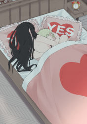 Rule 34 | 1boy, 1girl, aftersex, bed, bed sheet, black hair, blonde hair, couple, heart, heart-shaped pillow, hetero, hickey, highres, hug, husband and wife, implied sex, long hair, lying, on bed, on side, pillow, spy x family, twilight (spy x family), tyaaaaaaba, yes, yes-no pillow, yor briar