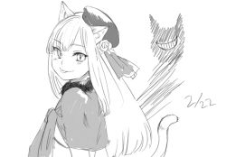 Rule 34 | 1girl, :p, animal ears, blunt bangs, blush, cat ears, cat girl, cat tail, commentary request, fate (series), from side, fur collar, grey background, greyscale, grin, hair ornament, hat, long hair, long sleeves, looking at viewer, lord el-melloi ii case files, monochrome, reines el-melloi archisorte, satou usuzuku, simple background, sketch, smile, solo, tail, tongue, tongue out, upper body