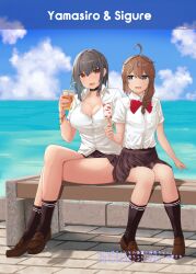 Rule 34 | 2girls, absurdres, ahoge, alternate costume, bench, black choker, black skirt, black socks, blue eyes, blue sky, bow, bowtie, braid, breasts, brown footwear, brown hair, choker, cleavage, cloud, collared shirt, commentary request, cropped legs, day, dress shirt, drink, hair flaps, hair over shoulder, highres, horizon, ice cream bar, jouzaburou (joe3), kantai collection, large breasts, legs, loafers, long hair, multiple girls, ocean, outdoors, pleated skirt, red bow, red bowtie, red eyes, school uniform, shigure (kancolle), shirt, shoes, short hair, single braid, sitting, skirt, sky, socks, translation request, white shirt, yamashiro (kancolle)
