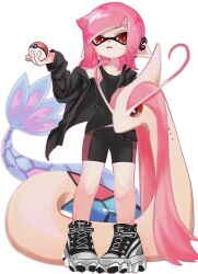 Rule 34 | 2girls, bike shorts, black eyes, black jacket, black shirt, black shorts, colored sclera, commentary request, creatures (company), cross-laced footwear, earrings, eyebrow cut, forked tail, full body, game freak, gen 3 pokemon, highres, holding, holding poke ball, icebo x x, inkling, inkling girl, inkling player character, jacket, jewelry, long hair, milotic, multiple girls, nintendo, open clothes, open jacket, open mouth, pink hair, pointy ears, poke ball, poke ball (basic), pokemon, pokemon (creature), red eyes, red sclera, scales, shirt, shoes, shorts, simple background, sleeveless, sleeveless shirt, solo, splatoon (series), splatoon 3, standing, tail, tentacle hair, white background