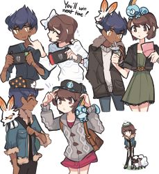 Rule 34 | 1boy, 1girl, ^ ^, bad id, bad tumblr id, baseball cap, brown eyes, brown hair, charamells, closed eyes, commentary, creature, creatures (company), dark-skinned male, dark skin, english commentary, english text, facing another, game freak, gen 8 pokemon, gloria (pokemon), handheld game console, hat, highres, holding, holding handheld game console, hop (pokemon), looking at another, nintendo, nintendo ds, nintendo switch, on head, on shoulder, playing games, pokemon, pokemon (creature), pokemon on head, pokemon on shoulder, pokemon swsh, purple hair, rabbit on shoulder, scorbunny, short hair, simple background, sobble, standing, white background, wooloo, yellow eyes