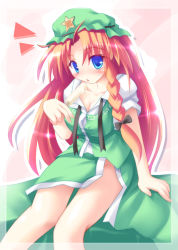 Rule 34 | 1girl, ^^^, ai takurou, blue eyes, blush, bow, braid, china dress, chinese clothes, dress, embodiment of scarlet devil, female focus, food, hair bow, hat, hong meiling, long hair, no panties, popsicle, red hair, sitting, solo, star (symbol), touhou