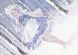 Rule 34 | 1girl, apron, black eyes, bloomers, dutch angle, forest, hat, index finger raised, letty whiterock, light purple hair, looking at viewer, misawa hiroshi, muted color, nature, painting (medium), petticoat, skirt, snow, snowing, solo, texture, touhou, traditional media, tree, underwear, vest, waist apron, watercolor (medium), winter