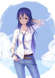 Rule 34 | 10s, 1girl, absurdres, arm behind head, belt, blue hair, breasts, clothes writing, collarbone, collared shirt, contrapposto, cowboy shot, denim, dress shirt, group name, hand in pocket, highres, jeans, light smile, long hair, long sleeves, looking at viewer, love live!, love live! school idol festival, love live! school idol project, miao xiao fan, pants, shirt, sleeves rolled up, small breasts, smile, solo, sonoda umi, standing, white shirt, yellow eyes