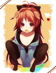 Rule 34 | 10s, 1girl, :o, animal ears, bad id, bad pixiv id, black thighhighs, blush, bottomless, bow, breasts, cleavage, collarbone, covering privates, covering crotch, dog ears, fang, fangs, hair bow, heart, jacket, long hair, looking at viewer, mahou shoujo madoka magica, mahou shoujo madoka magica (anime), no shoes, nochita shin, open mouth, ponytail, red eyes, red hair, sakura kyoko, sitting, small breasts, solo, spread legs, squatting, thighhighs, very long hair, wide ponytail