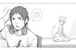Rule 34 | 2boys, age difference, animal ears, cat boy, cat ears, cat tail, draugnut, greyscale, headphones, highres, indoors, male focus, monochrome, multiple boys, naked shirt, onii-shota, original, shirt, spoken clock, spoken object, sweat, tail, white background