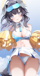 Rule 34 | 1girl, absurdres, animal ears, bare shoulders, black hair, blue archive, blue eyes, blush, breasts, cheerleader, cleavage, crop top, dog ears, dog girl, dog tail, eyewear on head, goggles, goggles on head, halo, hibiki (blue archive), hibiki (cheer squad) (blue archive), highres, holding, holding pom poms, kamioka shun&#039;ya, long hair, looking at viewer, medium breasts, midriff, millennium cheerleader outfit (blue archive), miniskirt, navel, open mouth, panties, pantyshot, pleated skirt, pom pom (cheerleading), pom poms, skirt, sleeveless, solo, sweatdrop, tail, thighs, underwear, white panties