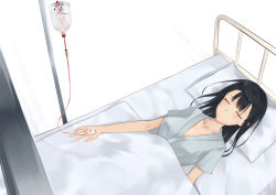 Rule 34 | 1girl, bed, black hair, blanket, breasts, closed eyes, collarbone, hospital bed, hospital gown, intravenous drip, large breasts, long hair, lying, on back, original, pillow, rure, smile, solo, translation request, white background