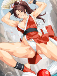 1girl armpits blush breasts brown_eyes brown_hair cleavage commentary_request fatal_fury folding_fan from_below grin hand_fan high_ponytail holding holding_fan japanese_clothes large_breasts long_hair looking_at_viewer pelvic_curtain ponytail qkat_(arikawa-dou) revealing_clothes shiranui_mai smile solo thighs wrist_guards