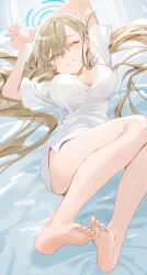 Rule 34 | 1girl, ass, asuna (blue archive), barefoot, blue archive, blue eyes, blue halo, blush, breasts, commentary, grin, hair over one eye, halo, haruri, highres, large breasts, light brown hair, long hair, mole, mole under eye, romaji commentary, smile, solo, thighs, toes