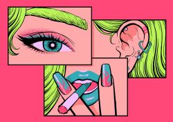 Rule 34 | 1girl, aqua eyes, aqua nails, cigarette, ear piercing, earrings, green hair, heart, heart earrings, highres, jewelry, minillustration, multiple views, nail art, nail polish, original, piercing, smoking