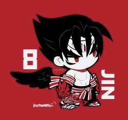 Rule 34 | 1boy, arms at sides, black wings, character name, chibi, closed mouth, facial mark, forehead jewel, kazama jin, kotorai, looking to the side, male focus, navel, no nose, pectorals, red background, red eyes, signature, solo, spot color, standing, tekken, thick eyebrows, topless male, v-shaped eyebrows, wings