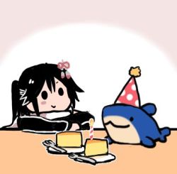 Rule 34 | 1girl, :3, black hair, cake, candle, food, fork, hair ornament, hat, kantai collection, lowres, party hat, sendai (kancolle), sendai kai ni (kancolle), smile, solid circle eyes, solo, stuffed animal, stuffed shark, stuffed toy, terrajin