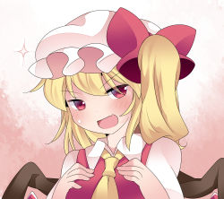 Rule 34 | 1girl, angry, ascot, blonde hair, blush, breast conscious, collared shirt, commentary request, flandre scarlet, glint, hammer (sunset beach), hands on own chest, hat, mob cap, open mouth, red eyes, ribbon, shirt, short hair, side ponytail, smile, solo, sweatdrop, touhou, wings