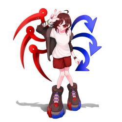 Rule 34 | 1girl, ahoge, alternate costume, asymmetrical wings, boots, brown hair, contemporary, full body, highres, houjuu nue, jewelry, knees together feet apart, large shoes, looking at viewer, nail polish, one eye closed, red eyes, red nails, shadow, shirt, shoes, short hair, shorts, simple background, solo, standing, touhou, v, w, white background, wings, yokozuna iwashi