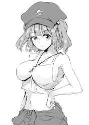 Rule 34 | bare shoulders, breasts, clothes around waist, covered erect nipples, deetamu, greyscale, hand on own hip, hat, highres, jewelry, kappa, kawashiro nitori, key, large breasts, looking at viewer, monochrome, navel, necklace, no bra, shirt, shirt around waist, short twintails, sideboob, tank top, touhou, twintails