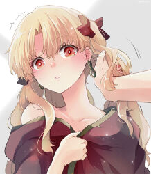 Rule 34 | 1girl, azumi (myameco), bare shoulders, blonde hair, collarbone, command spell, earrings, ereshkigal (fate), fate/grand order, fate (series), fujimaru ritsuka (male), hair ribbon, hetero, jewelry, long hair, parted lips, red eyes, red ribbon, ribbon, solo focus, two side up, upper body