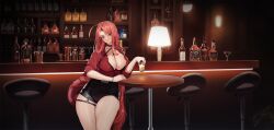 Rule 34 | 1girl, ahoge, alcohol, bar (place), bar stool, beast hunter (last origin), belt, between breasts, black belt, black bra, black collar, black shorts, bra, bra peek, bracelet, breasts, buttons, cherry, cleavage, cocktail shaker, collar, counter, cowboy shot, cross, cross earrings, cup, drink, drinking glass, earrings, elbow on table, food, fruit, glass bottle, hair intakes, hand on table, highres, holding, holding cup, holding drink, huge ahoge, indoors, jewelry, lamp, large breasts, last origin, leather shorts, liquor, long hair, looking at viewer, nail polish, o-ring strap, o-ring suspenders, official alternate costume, official art, parted lips, partially unbuttoned, red eyes, red hair, red nails, red shirt, round table, shelf, shirt, shorts, shot glass, sitting, sleeves rolled up, solo, stool, suspenders, table, tachi-e, thick eyebrows, thick thighs, thigh strap, thighs, third-party source, tunamayo (dsasd751), underwear, very long hair, wooden table